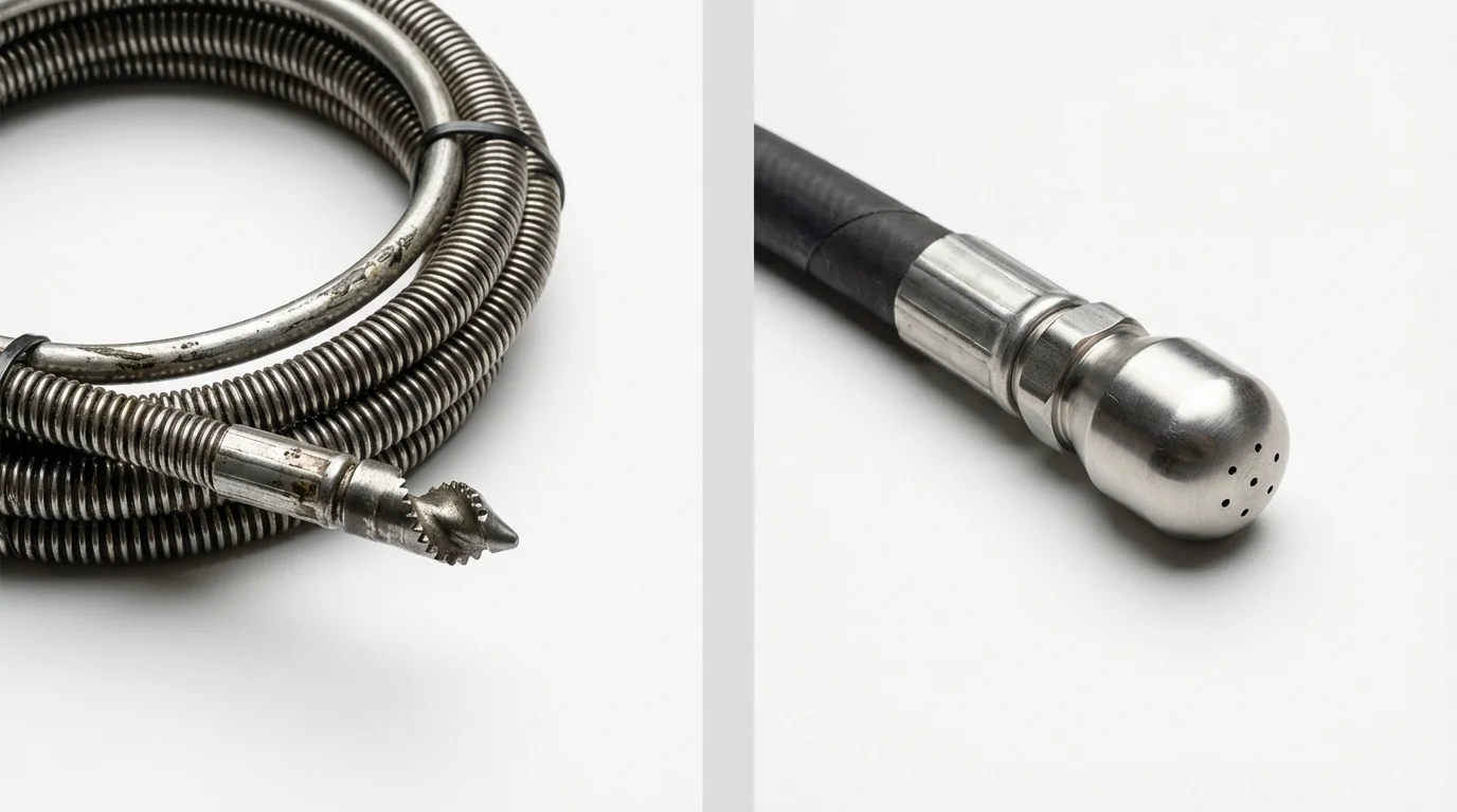 Drain snake cable and hydro jetting nozzle used for drain cleaning in Plymouth, IN