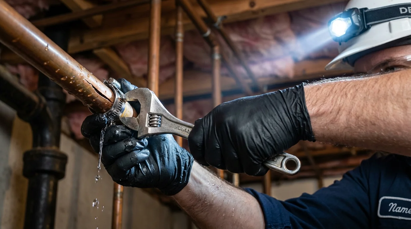 Emergency pipe clamp repair being performed by a Johns Plumbing LLC plumber in Plymouth