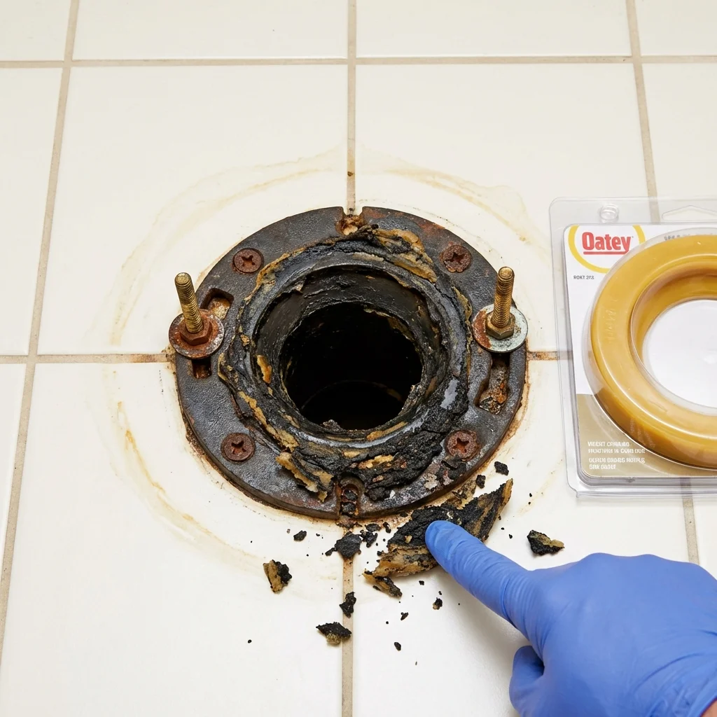 Failed wax ring showing water seepage at the base of a toilet in a Plymouth, IN home