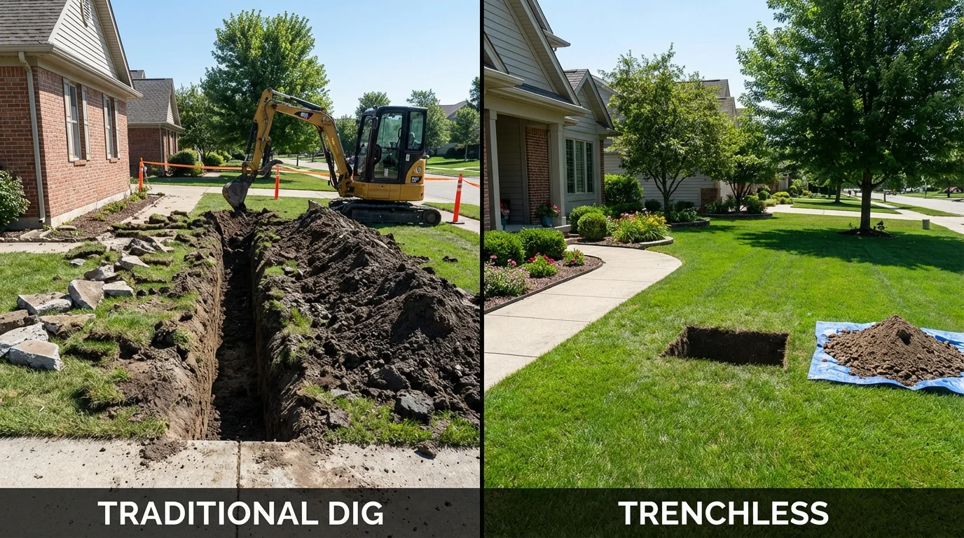 Trenchless sewer repair with minimal yard damage versus traditional excavation in Plymouth, IN