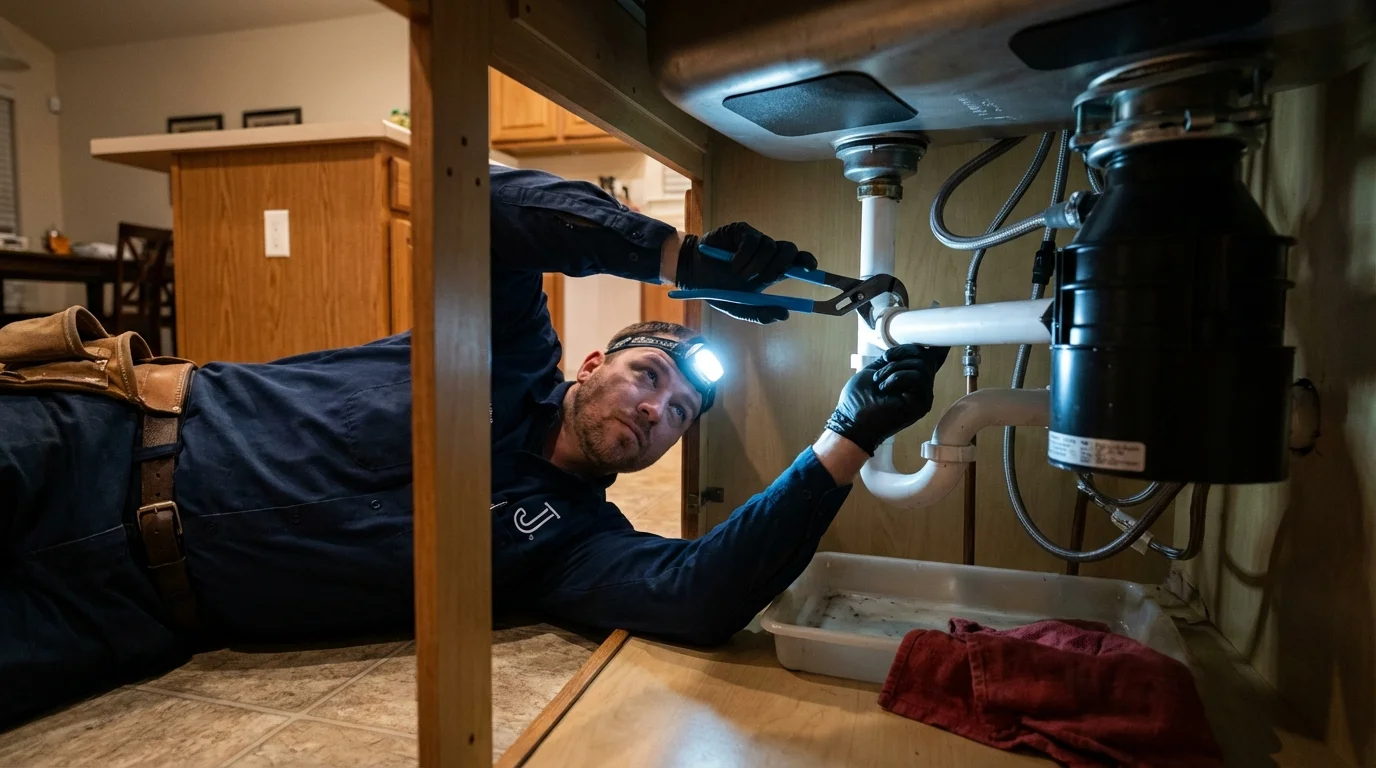 P-trap and supply line connections under a kitchen sink showing a common leak point in Plymouth, IN